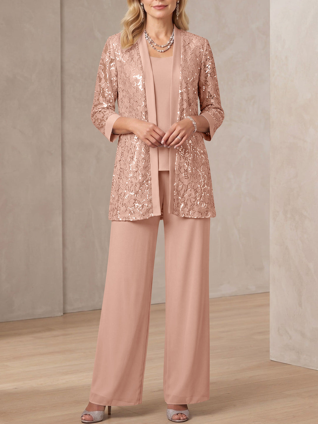 3 Pieces Scoop Neck 3/4 Sleeves Ankle-Length Mother of the Bride Pantsuits with Lace & Sequins & Jacket