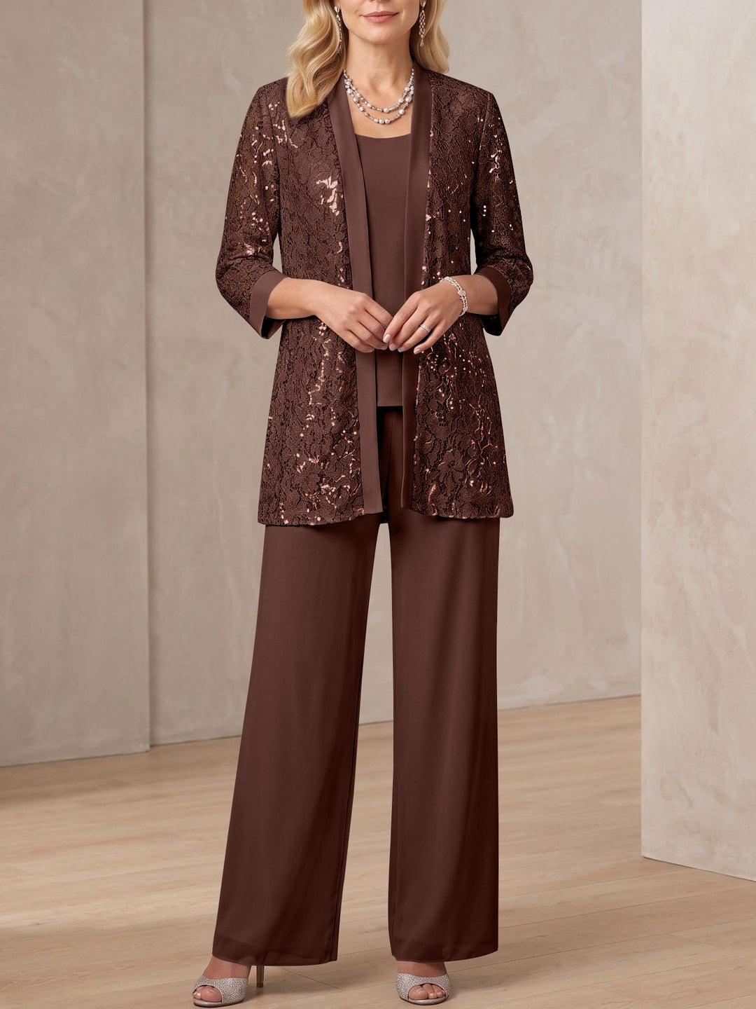 3 Pieces Scoop Neck 3/4 Sleeves Ankle-Length Mother of the Bride Pantsuits with Lace & Sequins & Jacket