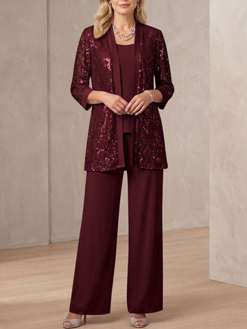 3 Pieces Scoop Neck 3/4 Sleeves Ankle-Length Mother of the Bride Pantsuits with Lace & Sequins & Jacket
