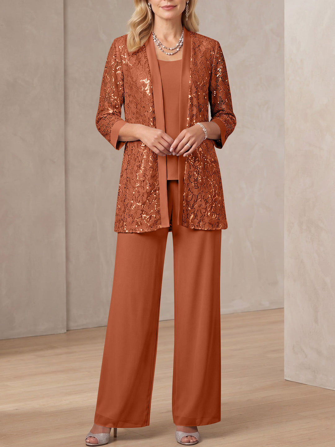 3 Pieces Scoop Neck 3/4 Sleeves Ankle-Length Mother of the Bride Pantsuits with Lace & Sequins & Jacket