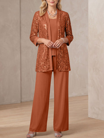 3 Pieces Scoop Neck 3/4 Sleeves Ankle-Length Mother of the Bride Pantsuits with Lace & Sequins & Jacket