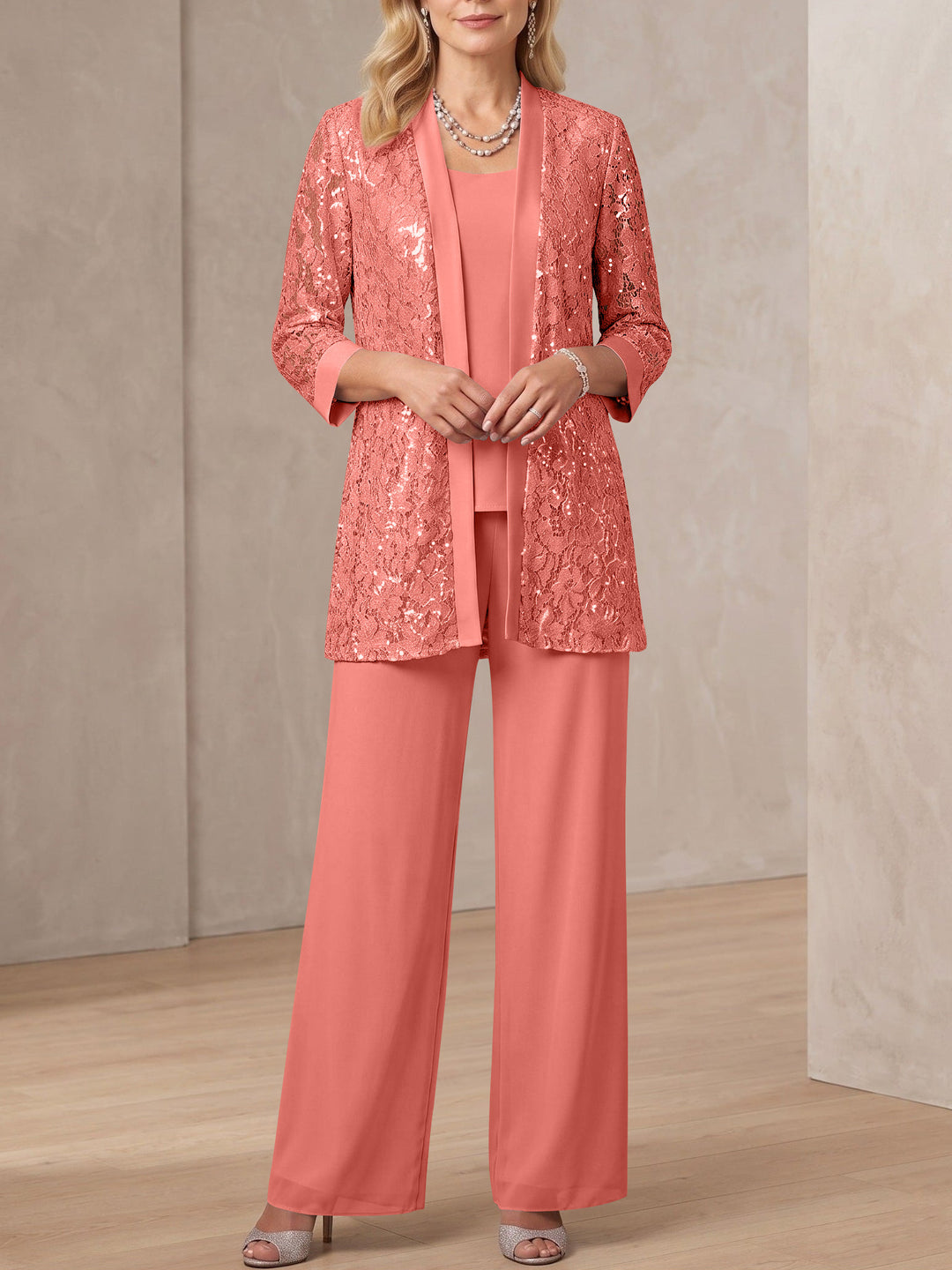 3 Pieces Scoop Neck 3/4 Sleeves Ankle-Length Mother of the Bride Pantsuits with Lace & Sequins & Jacket