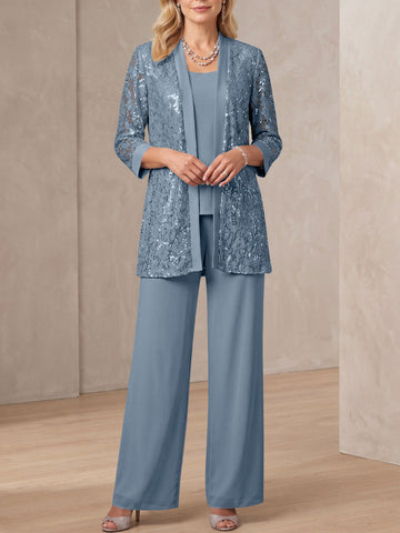 3 Pieces Scoop Neck 3/4 Sleeves Ankle-Length Mother of the Bride Pantsuits with Lace & Sequins & Jacket