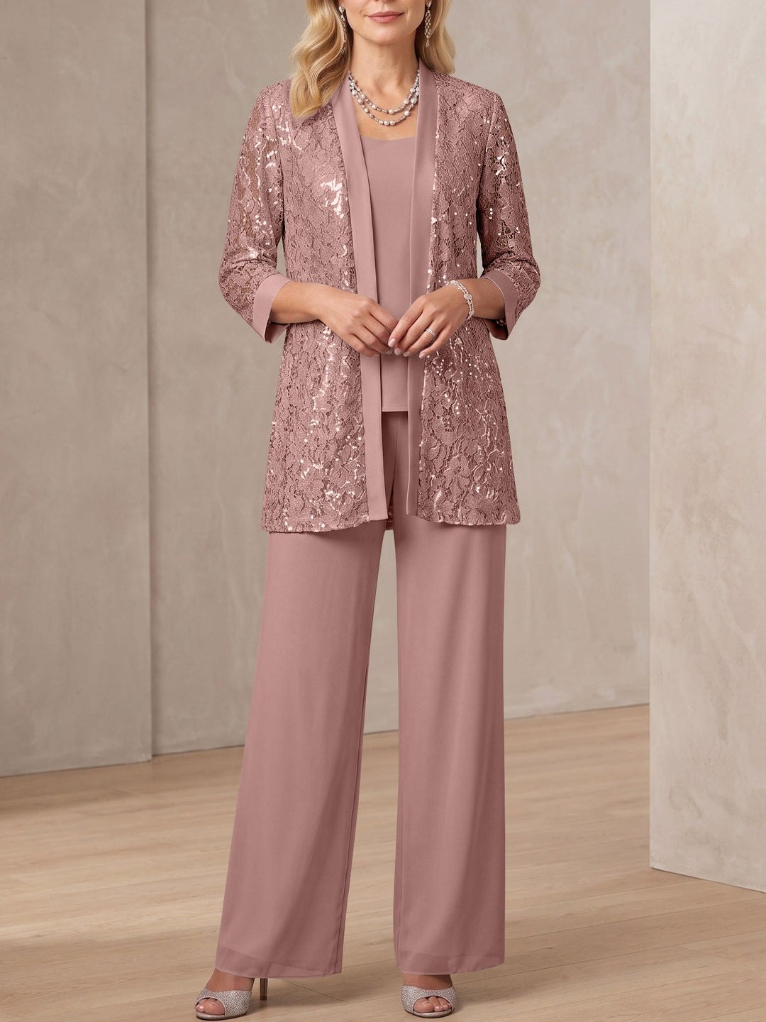 3 Pieces Scoop Neck 3/4 Sleeves Ankle-Length Mother of the Bride Pantsuits with Lace & Sequins & Jacket