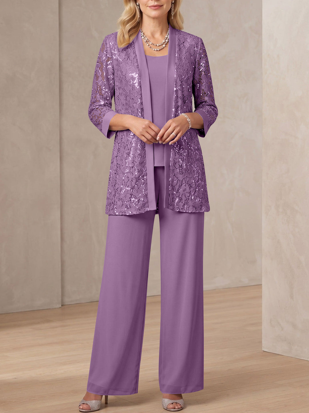 3 Pieces Scoop Neck 3/4 Sleeves Ankle-Length Mother of the Bride Pantsuits with Lace & Sequins & Jacket