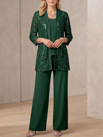 3 Pieces Scoop Neck 3/4 Sleeves Ankle-Length Mother of the Bride Pantsuits with Lace & Sequins & Jacket