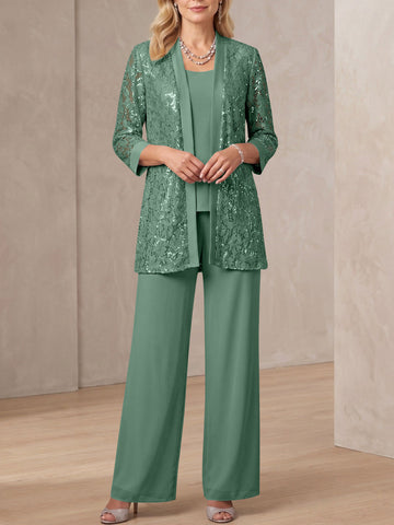3 Pieces Scoop Neck 3/4 Sleeves Ankle-Length Mother of the Bride Pantsuits with Lace & Sequins & Jacket