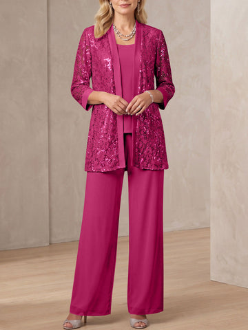 3 Pieces Scoop Neck 3/4 Sleeves Ankle-Length Mother of the Bride Pantsuits with Lace & Sequins & Jacket