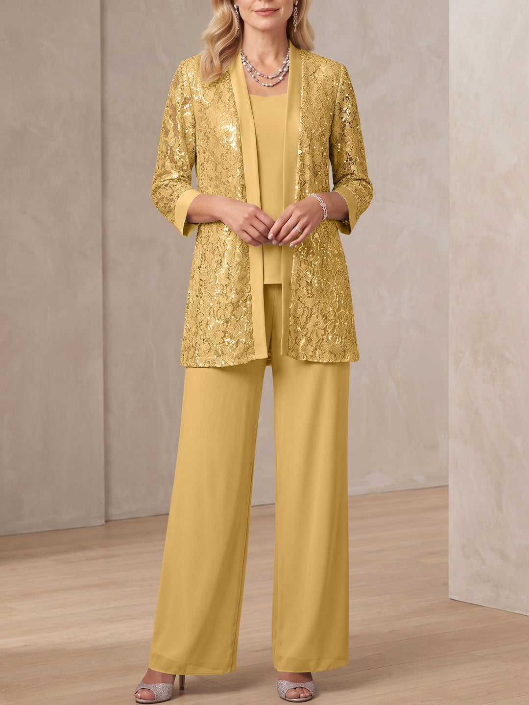 3 Pieces Scoop Neck 3/4 Sleeves Ankle-Length Mother of the Bride Pantsuits with Lace & Sequins & Jacket