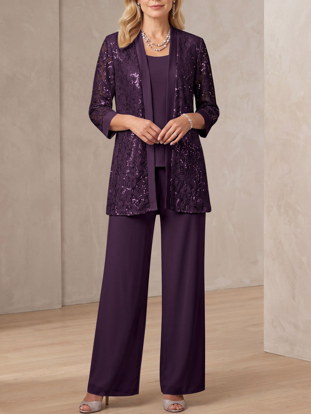 3 Pieces Scoop Neck 3/4 Sleeves Ankle-Length Mother of the Bride Pantsuits with Lace & Sequins & Jacket