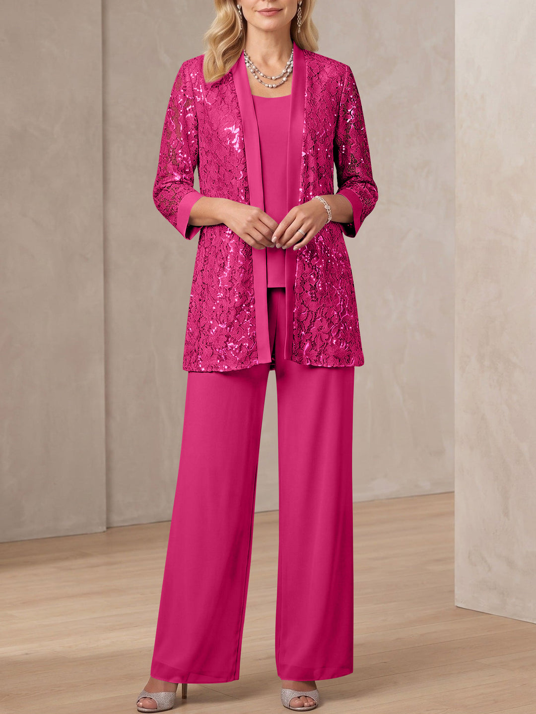 3 Pieces Scoop Neck 3/4 Sleeves Ankle-Length Mother of the Bride Pantsuits with Lace & Sequins & Jacket