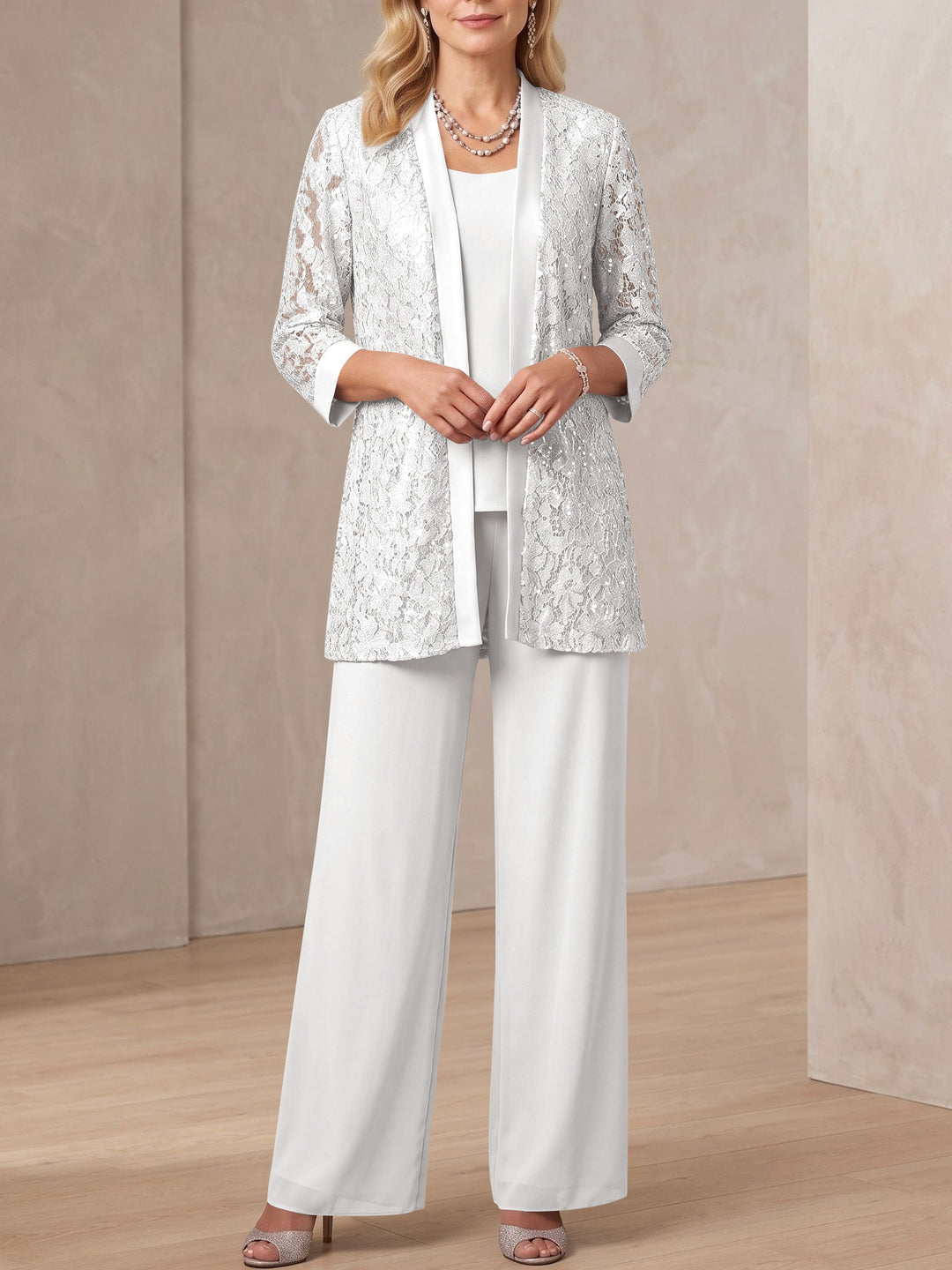 3 Pieces Scoop Neck 3/4 Sleeves Ankle-Length Mother of the Bride Pantsuits with Lace & Sequins & Jacket