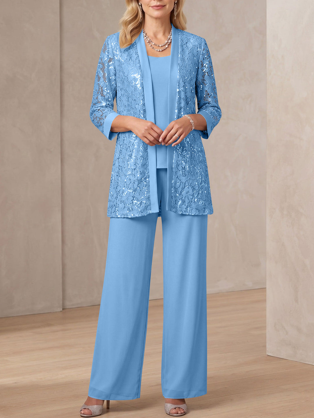 3 Pieces Scoop Neck 3/4 Sleeves Ankle-Length Mother of the Bride Pantsuits with Lace & Sequins & Jacket