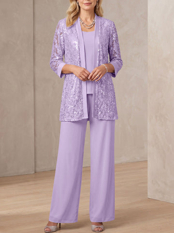 3 Pieces Scoop Neck 3/4 Sleeves Ankle-Length Mother of the Bride Pantsuits with Lace & Sequins & Jacket