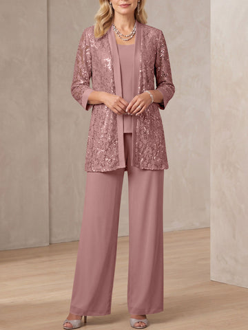 3 Pieces Scoop Neck 3/4 Sleeves Ankle-Length Mother of the Bride Pantsuits with Lace & Sequins & Jacket