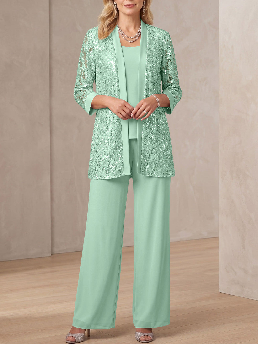 3 Pieces Scoop Neck 3/4 Sleeves Ankle-Length Mother of the Bride Pantsuits with Lace & Sequins & Jacket
