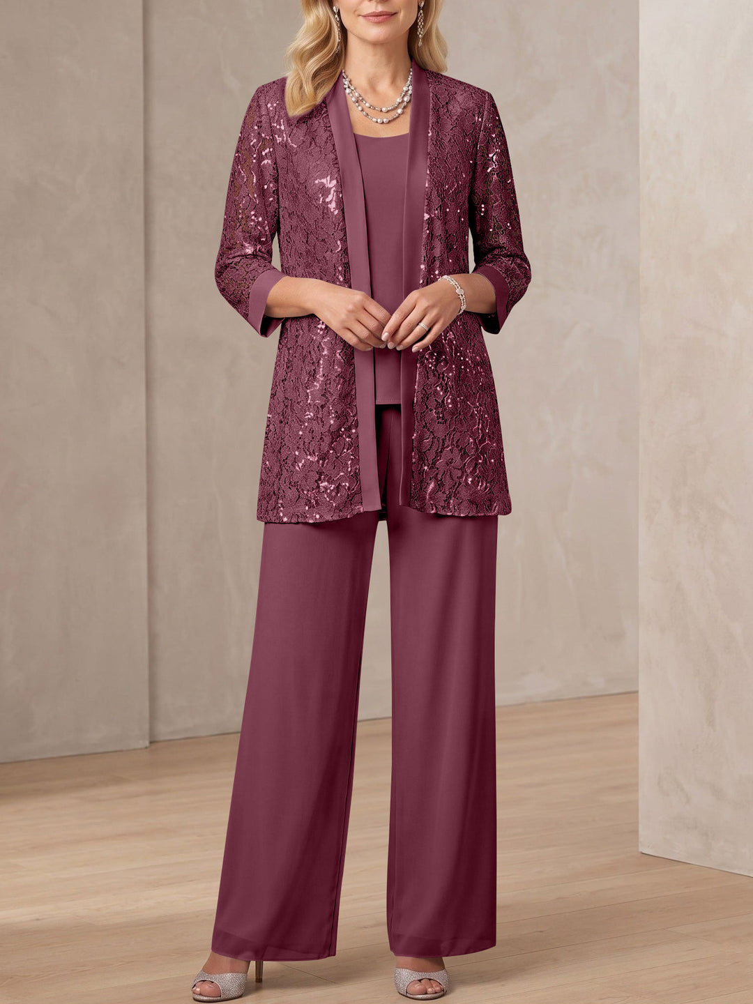3 Pieces Scoop Neck 3/4 Sleeves Ankle-Length Mother of the Bride Pantsuits with Lace & Sequins & Jacket