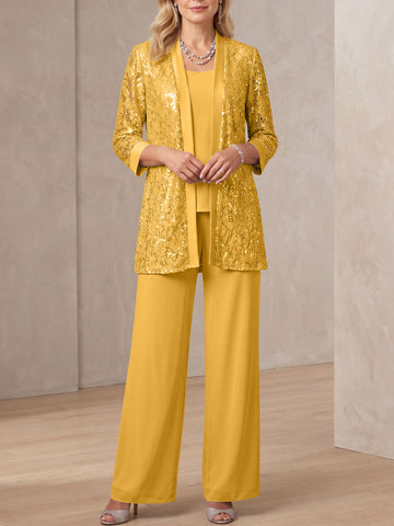 3 Pieces Scoop Neck 3/4 Sleeves Ankle-Length Mother of the Bride Pantsuits with Lace & Sequins & Jacket