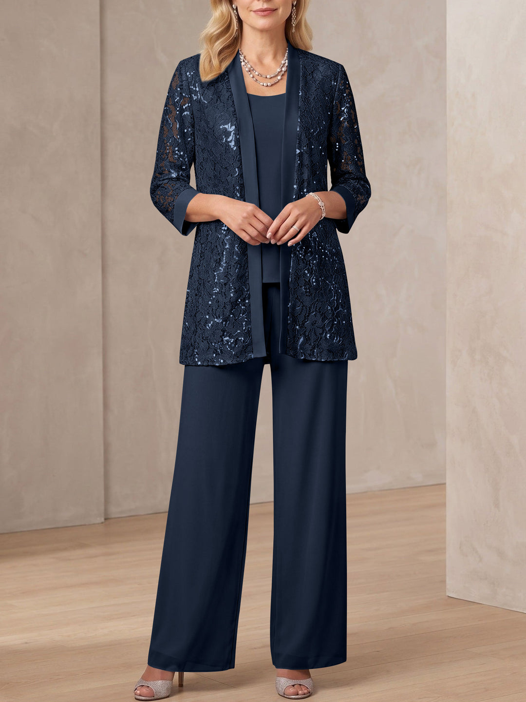 3 Pieces Scoop Neck 3/4 Sleeves Ankle-Length Mother of the Bride Pantsuits with Lace & Sequins & Jacket
