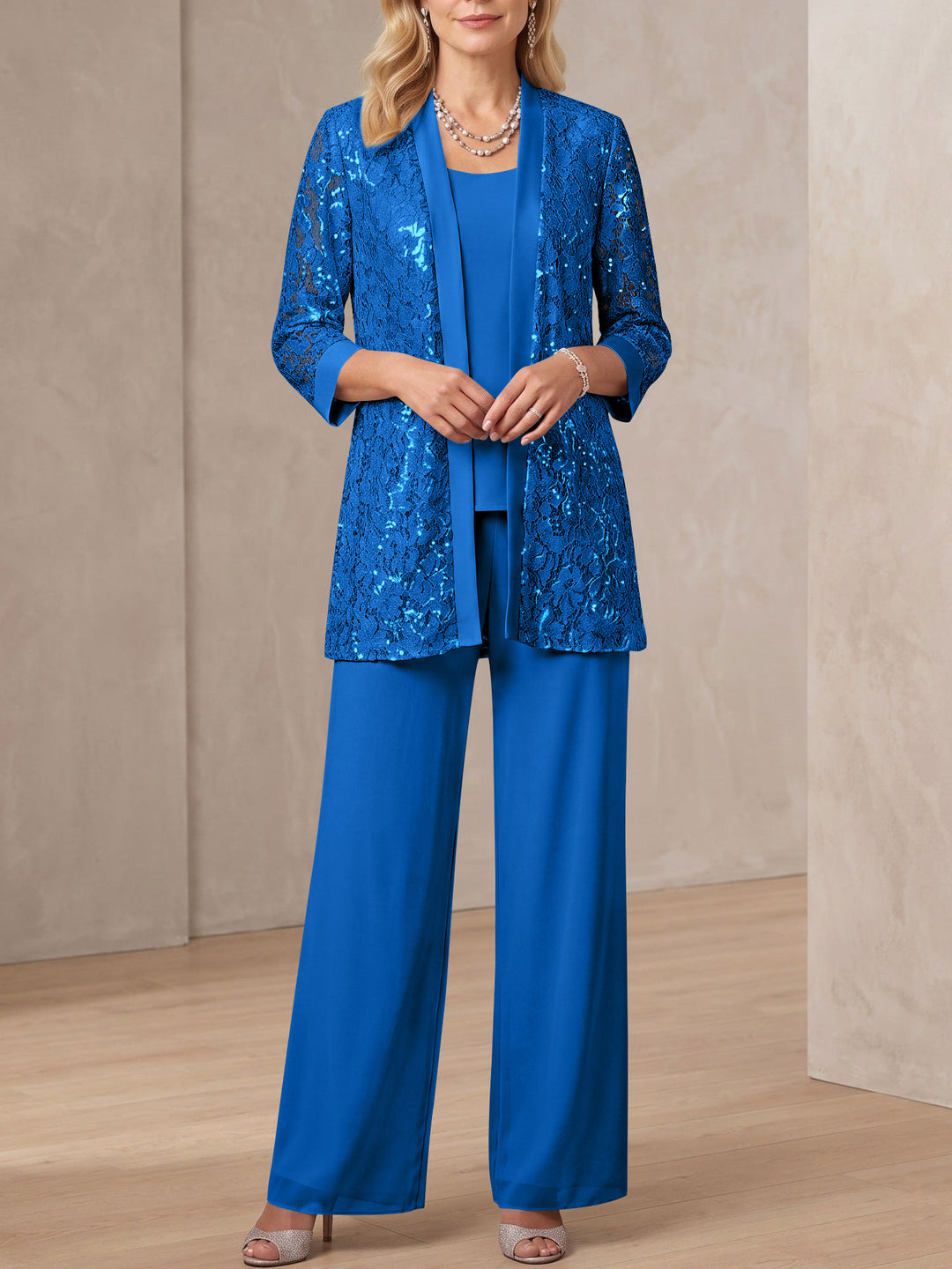 3 Pieces Scoop Neck 3/4 Sleeves Ankle-Length Mother of the Bride Pantsuits with Lace & Sequins & Jacket