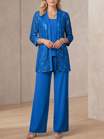 3 Pieces Scoop Neck 3/4 Sleeves Ankle-Length Mother of the Bride Pantsuits with Lace & Sequins & Jacket