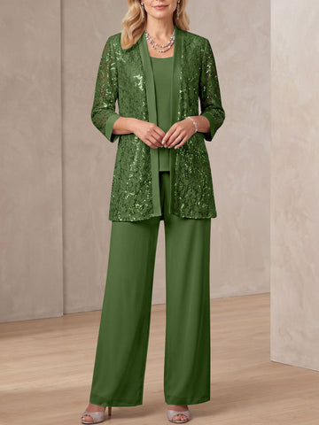 3 Pieces Scoop Neck 3/4 Sleeves Ankle-Length Mother of the Bride Pantsuits with Lace & Sequins & Jacket