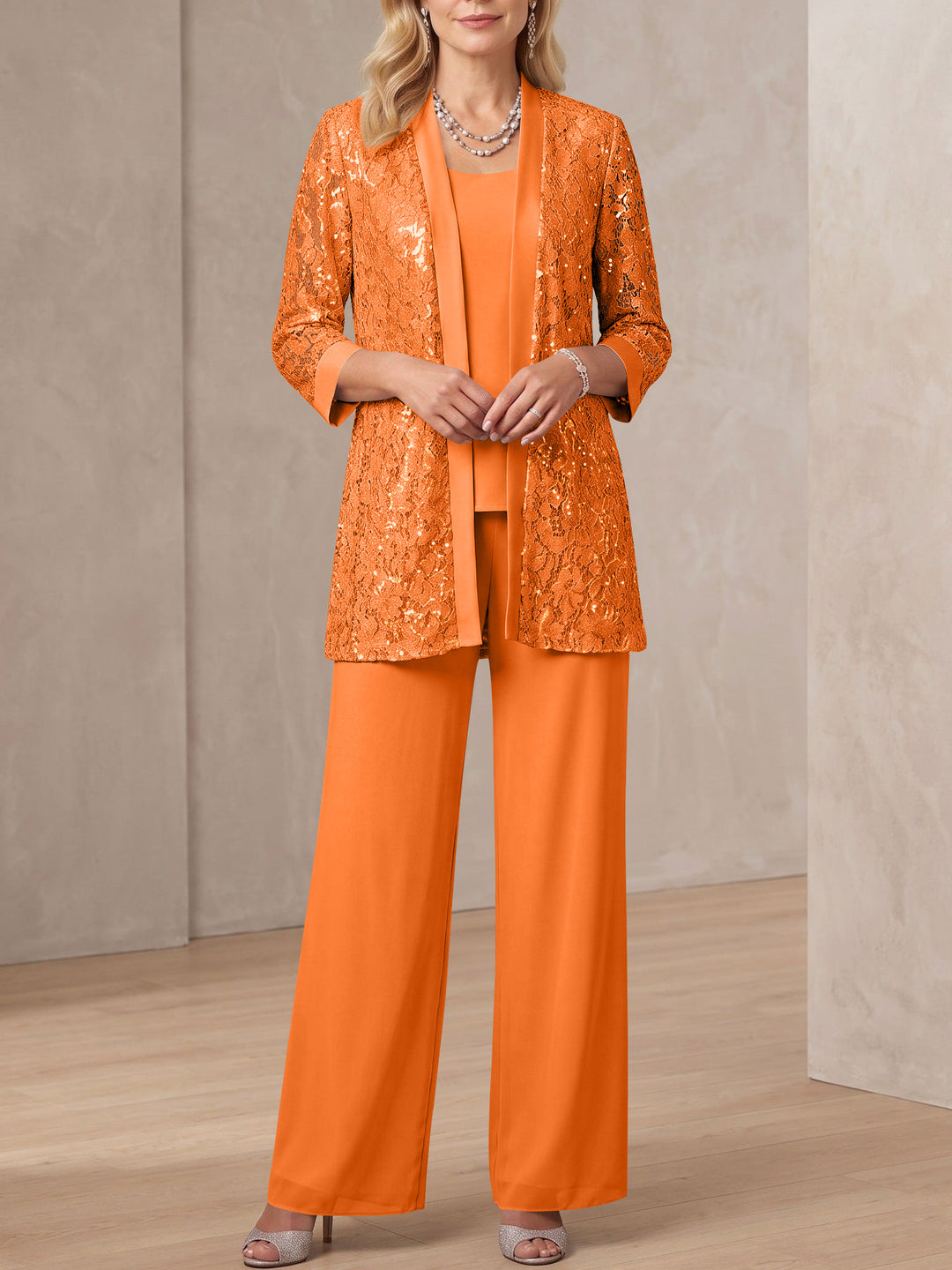 3 Pieces Scoop Neck 3/4 Sleeves Ankle-Length Mother of the Bride Pantsuits with Lace & Sequins & Jacket