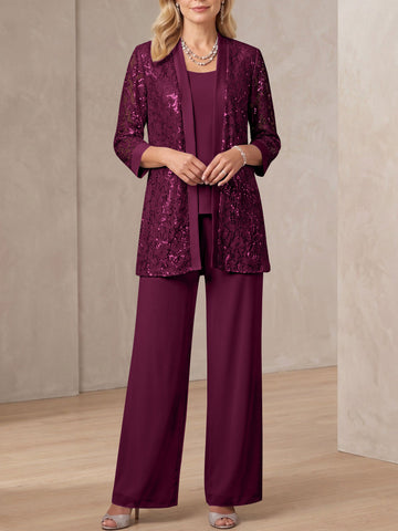 3 Pieces Scoop Neck 3/4 Sleeves Ankle-Length Mother of the Bride Pantsuits with Lace & Sequins & Jacket