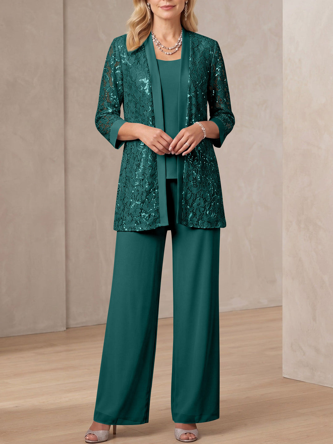 3 Pieces Scoop Neck 3/4 Sleeves Ankle-Length Mother of the Bride Pantsuits with Lace & Sequins & Jacket