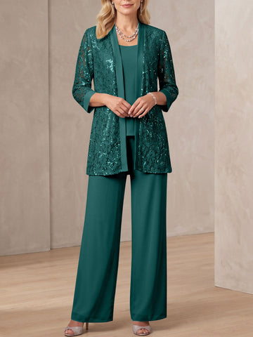 3 Pieces Scoop Neck 3/4 Sleeves Ankle-Length Mother of the Bride Pantsuits with Lace & Sequins & Jacket