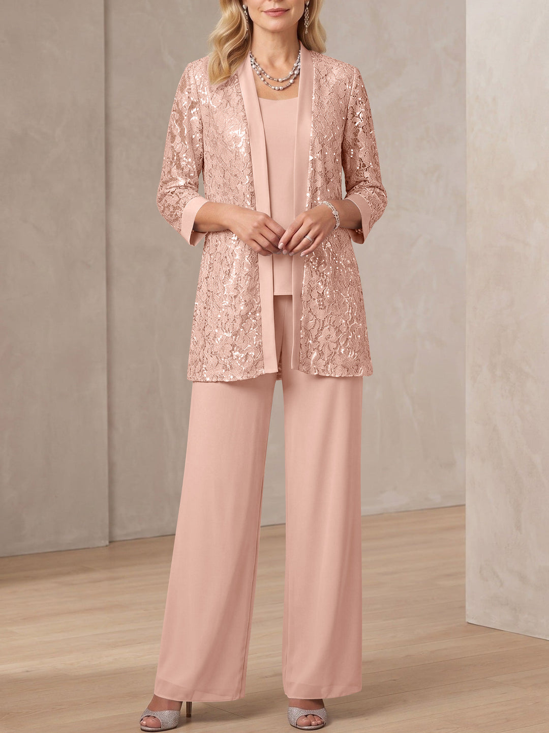 3 Pieces Scoop Neck 3/4 Sleeves Ankle-Length Mother of the Bride Pantsuits with Lace & Sequins & Jacket