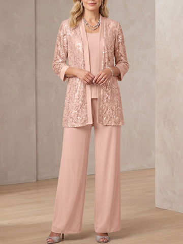 3 Pieces Scoop Neck 3/4 Sleeves Ankle-Length Mother of the Bride Pantsuits with Lace & Sequins & Jacket