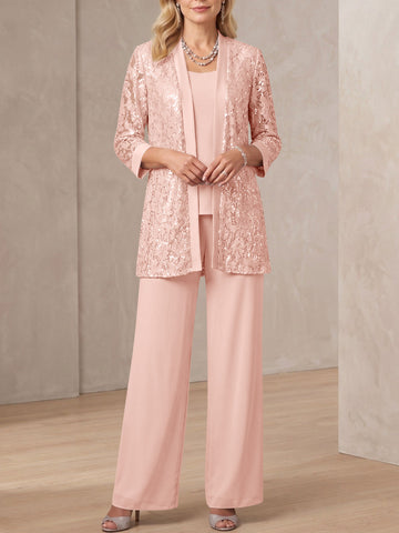 3 Pieces Scoop Neck 3/4 Sleeves Ankle-Length Mother of the Bride Pantsuits with Lace & Sequins & Jacket