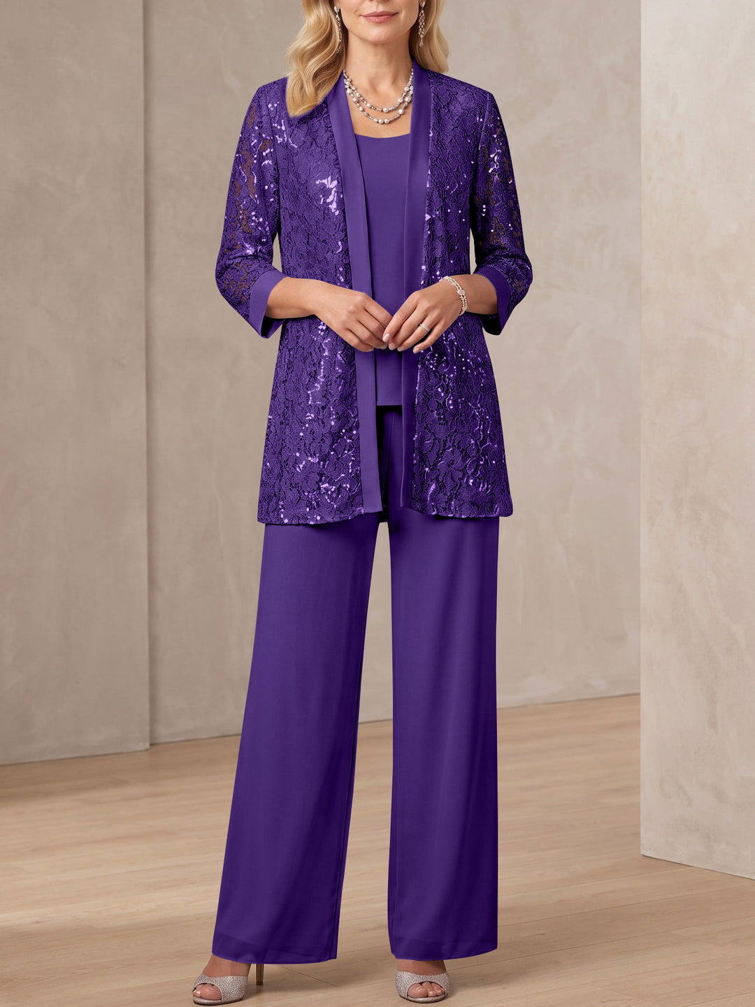 3 Pieces Scoop Neck 3/4 Sleeves Ankle-Length Mother of the Bride Pantsuits with Lace & Sequins & Jacket