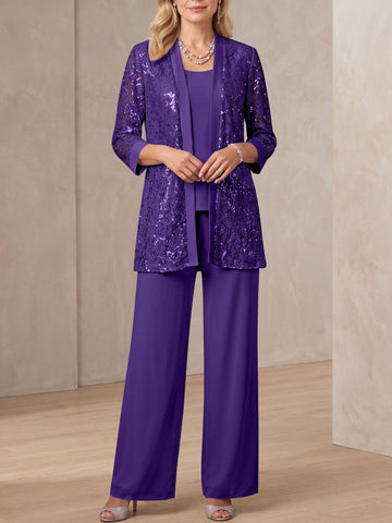 3 Pieces Scoop Neck 3/4 Sleeves Ankle-Length Mother of the Bride Pantsuits with Lace & Sequins & Jacket