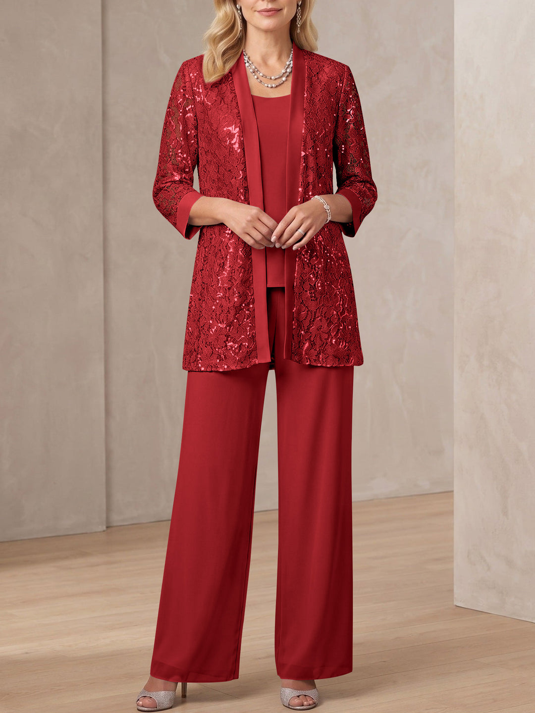 3 Pieces Scoop Neck 3/4 Sleeves Ankle-Length Mother of the Bride Pantsuits with Lace & Sequins & Jacket