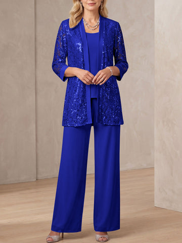 3 Pieces Scoop Neck 3/4 Sleeves Ankle-Length Mother of the Bride Pantsuits with Lace & Sequins & Jacket