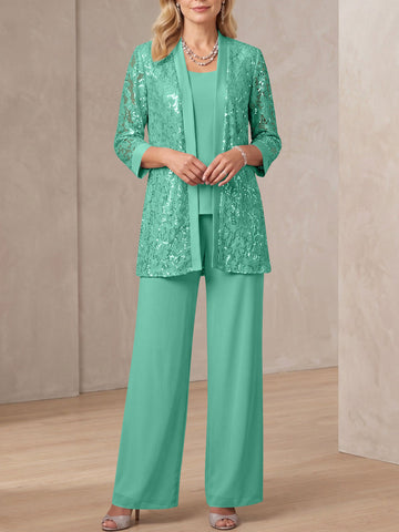 3 Pieces Scoop Neck 3/4 Sleeves Ankle-Length Mother of the Bride Pantsuits with Lace & Sequins & Jacket