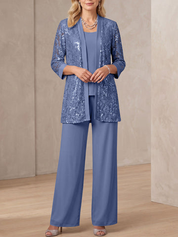 3 Pieces Scoop Neck 3/4 Sleeves Ankle-Length Mother of the Bride Pantsuits with Lace & Sequins & Jacket