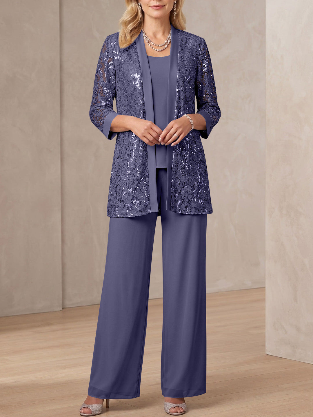 3 Pieces Scoop Neck 3/4 Sleeves Ankle-Length Mother of the Bride Pantsuits with Lace & Sequins & Jacket
