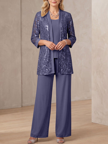 3 Pieces Scoop Neck 3/4 Sleeves Ankle-Length Mother of the Bride Pantsuits with Lace & Sequins & Jacket