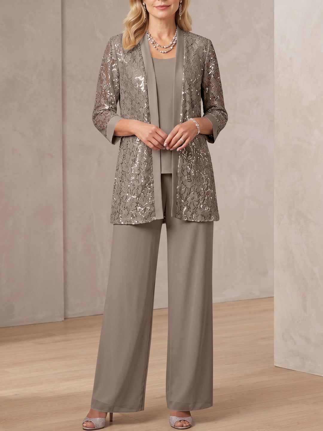3 Pieces Scoop Neck 3/4 Sleeves Ankle-Length Mother of the Bride Pantsuits with Lace & Sequins & Jacket
