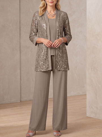 3 Pieces Scoop Neck 3/4 Sleeves Ankle-Length Mother of the Bride Pantsuits with Lace & Sequins & Jacket