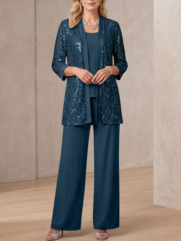 3 Pieces Scoop Neck 3/4 Sleeves Ankle-Length Mother of the Bride Pantsuits with Lace & Sequins & Jacket