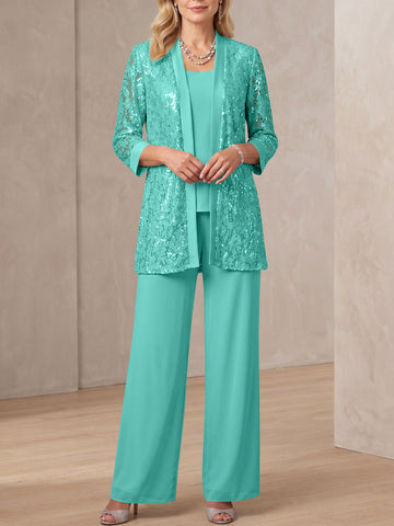 3 Pieces Scoop Neck 3/4 Sleeves Ankle-Length Mother of the Bride Pantsuits with Lace & Sequins & Jacket