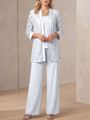 3 Pieces Scoop Neck 3/4 Sleeves Ankle-Length Mother of the Bride Pantsuits with Lace & Sequins & Jacket
