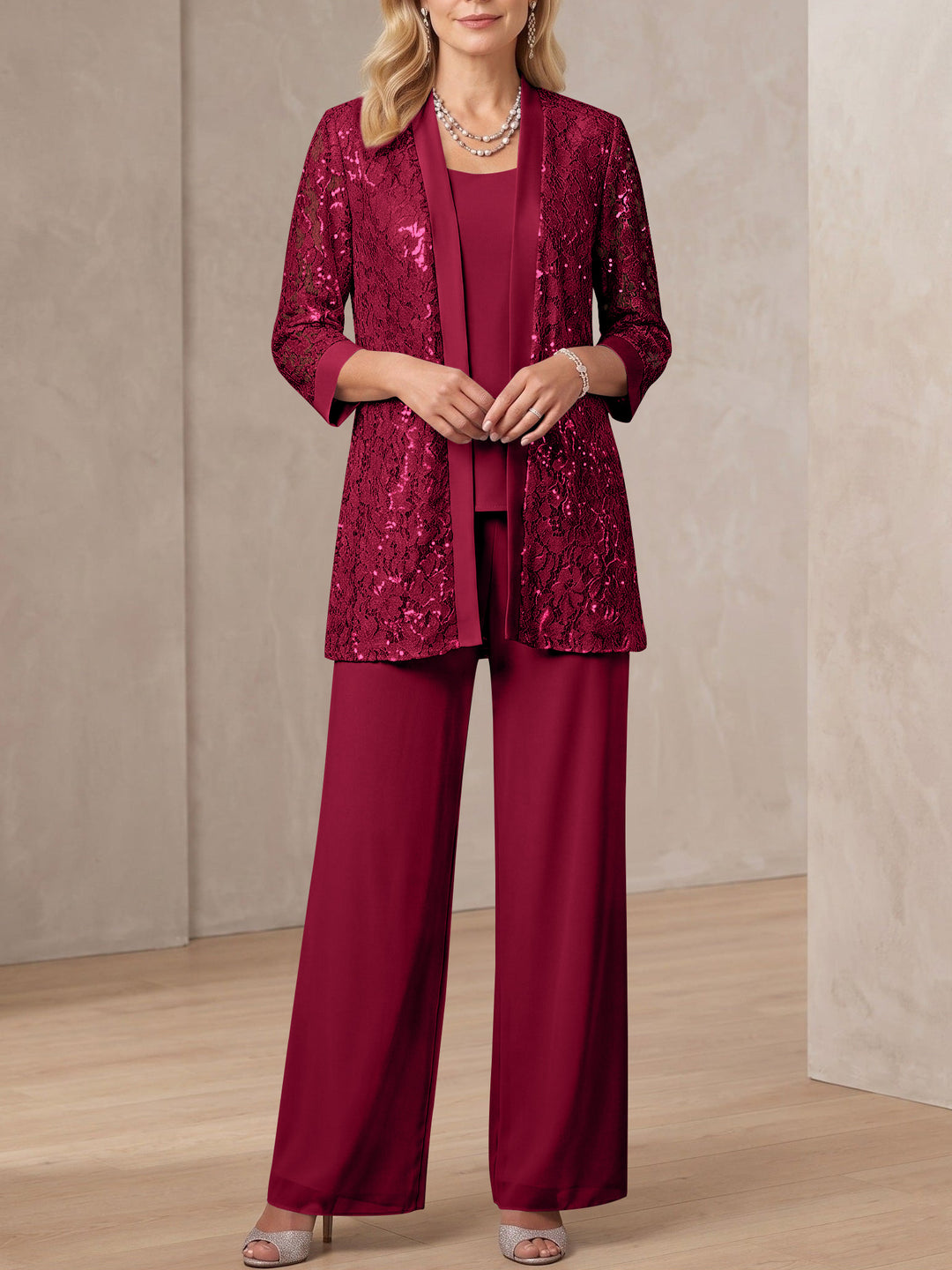 3 Pieces Scoop Neck 3/4 Sleeves Ankle-Length Mother of the Bride Pantsuits with Lace & Sequins & Jacket