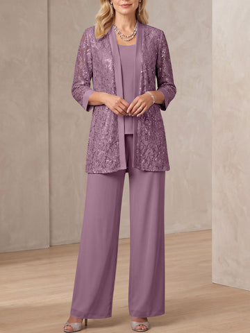 3 Pieces Scoop Neck 3/4 Sleeves Ankle-Length Mother of the Bride Pantsuits with Lace & Sequins & Jacket