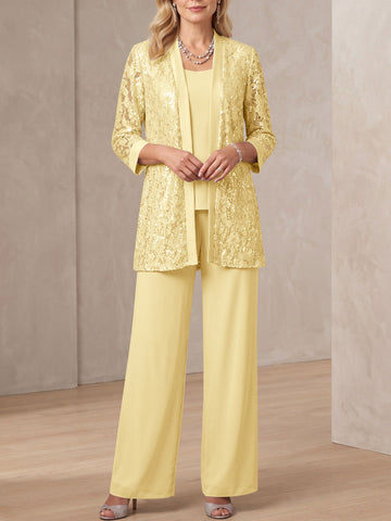 3 Pieces Scoop Neck 3/4 Sleeves Ankle-Length Mother of the Bride Pantsuits with Lace & Sequins & Jacket