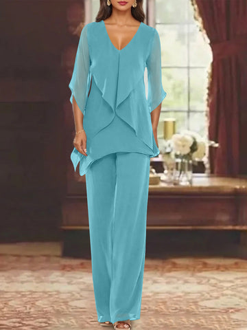 Chiffon V-Neck Half Sleeves Mother of the Bride Pantsuits with Ruffles Ankle-Length